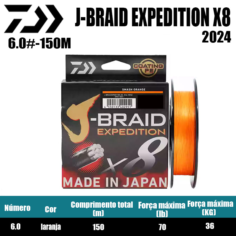 2024 J BRAID X8 EXPEDITION Linha De Pesca PE 150M 6.0 Laranja(2 Carretéis)
