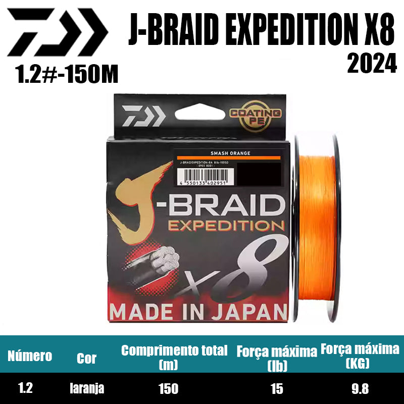 2024 J BRAID X8 EXPEDITION Linha De Pesca PE 150M 1.2 Laranja(2 Carretéis)