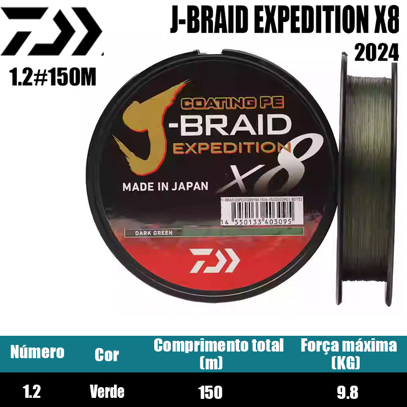 2024 J BRAID X8 EXPEDITION Linha De Pesca PE 150M 1.2 Verde(2 Carretéis)