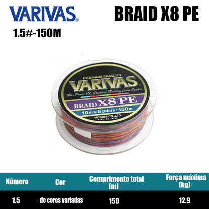 Varivas Braid X8 PE Linha De Pesca PE 150M 1.5 De Cores Variadas (2 Carretéis)
