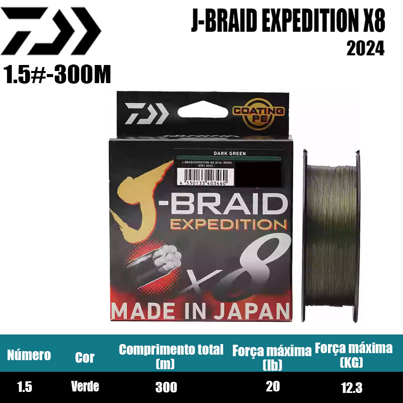 2024 J BRAID X8 EXPEDITION Linha De Pesca PE 300M 1.5 Verde(2 Carretéis)