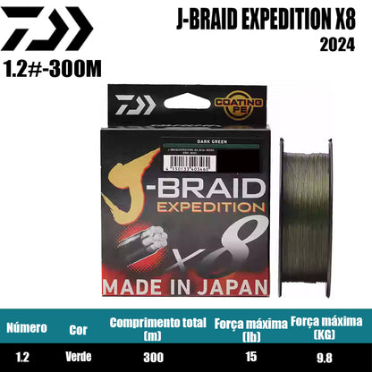 2024 J BRAID X8 EXPEDITION Linha De Pesca PE 300M 1.2 Verde(2 Carretéis)